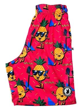 Flow Society Boys Size L Pink Dancing Pineapple LAX Lacrosse Graphic Shorts